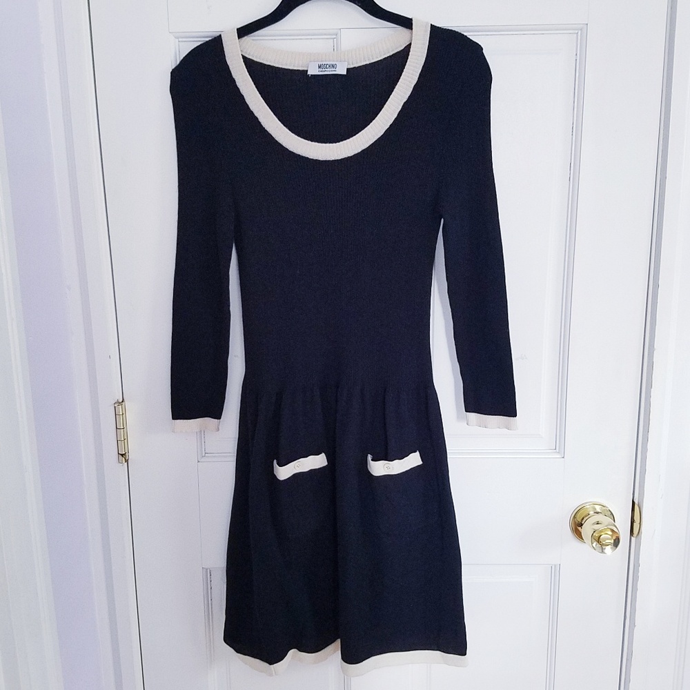 Moschino Cheap and Chic Black Scoopneck Sweater Dress with White Trim
